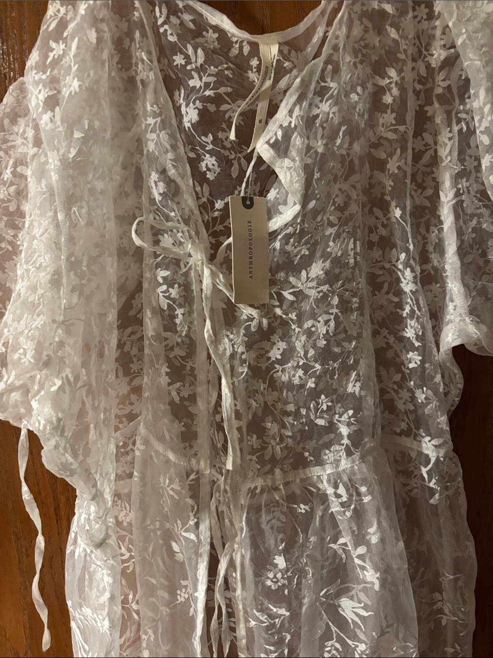 Anthropologie Sheer White Floral Lace Tie-Front Robe